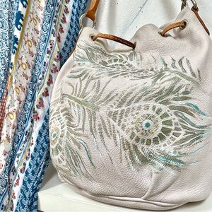 Roots White Leather Crossbody Bag with Turquoise & Green Feather Motif